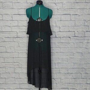 NWT Sofia Vergara Womens Black metallic striped hi low slip dress Sz M